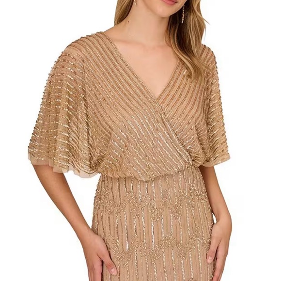 Beaded Short Flutter Sleeve V-Neck Blouson Gown - Picture 3 of 7